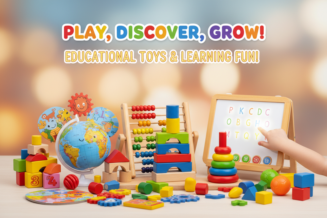 "Collection of colorful Montessori wooden educational toys including an abacus, stacking rings, and alphabet board with text reading Play Discover Grow."