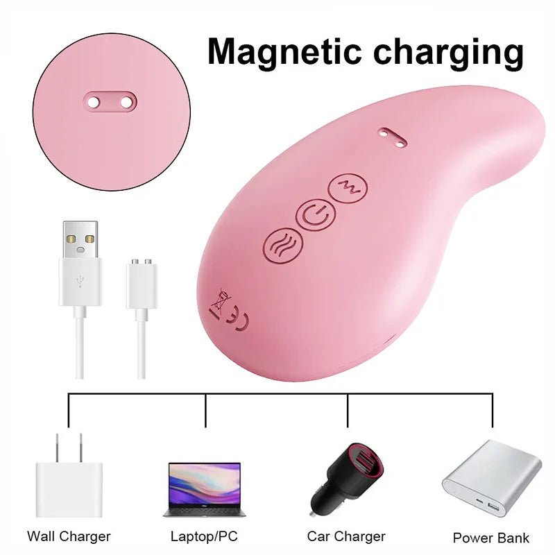 Pink electronic device with 'Magnetic charging' text, showing connections to wall charger, laptop/PC, car charger, and power bank.
