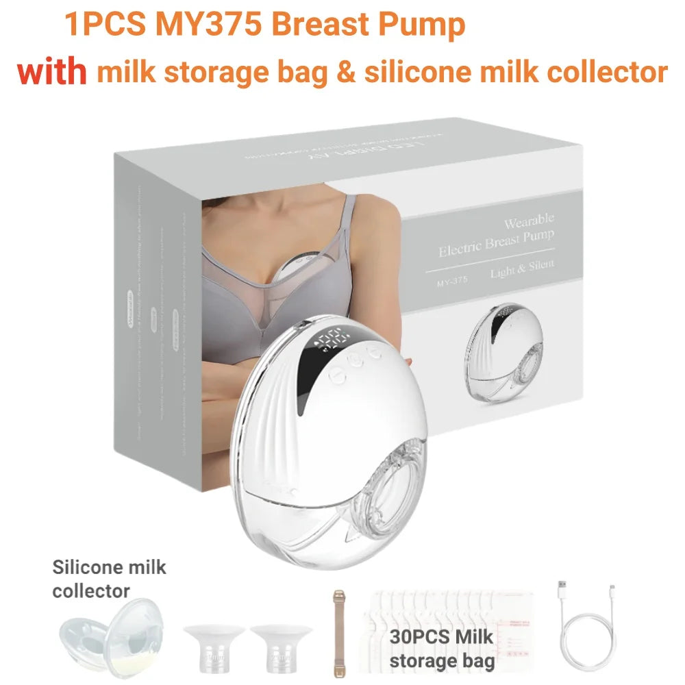 Breast pump with milk storage bag and silicone milk collector packaging on a white background