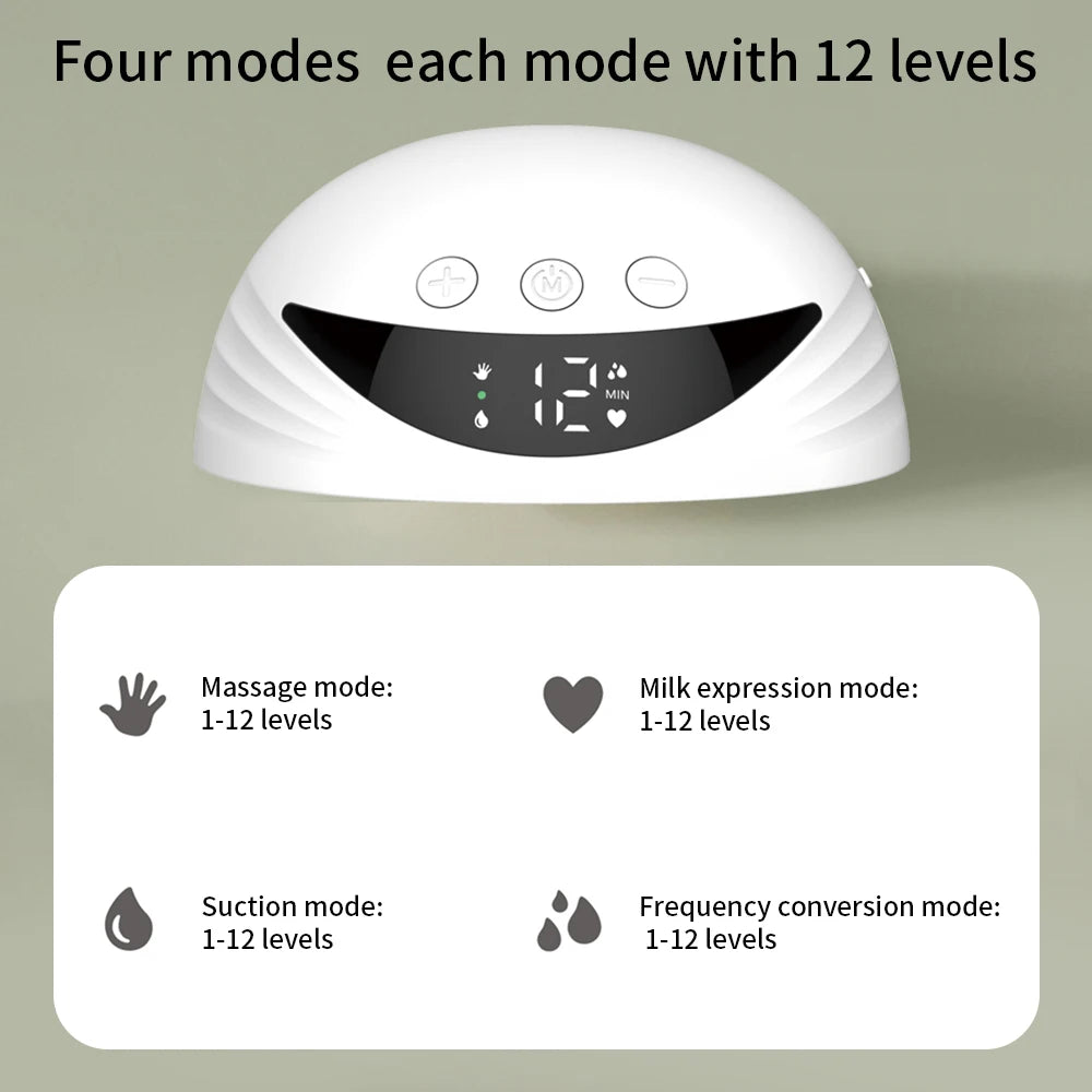 White electronic device with digital display on a beige background, featuring text about four modes with 12 levels each.