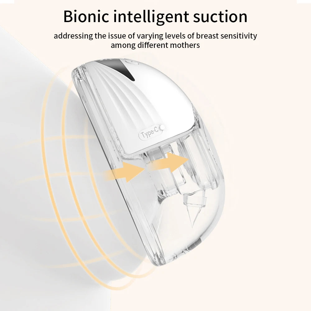 Clear breast pump with text about bionic intelligent suction on a light background