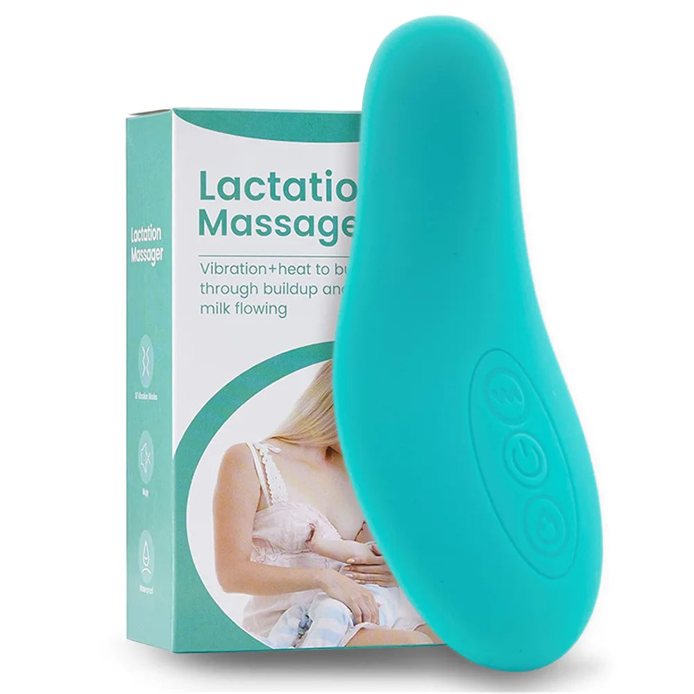 Teal lactation massage device with packaging on a white background