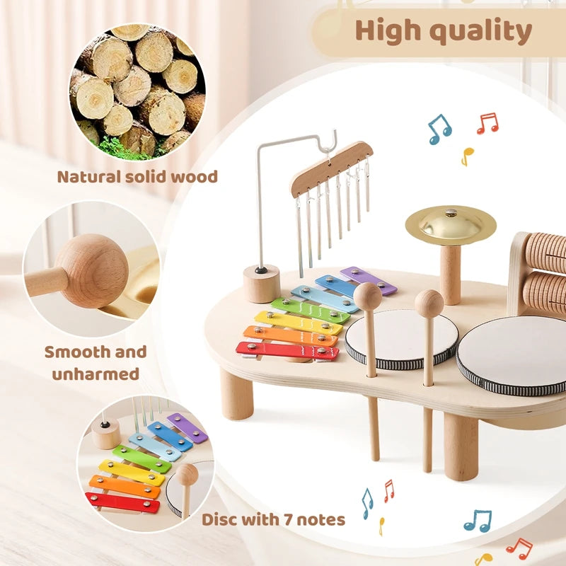 Wooden musical toy set with instruments and natural wood details on a light background.