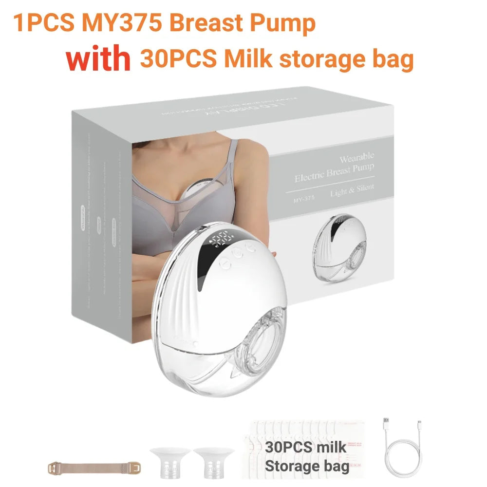 Breast pump with packaging and milk storage bags on a white background