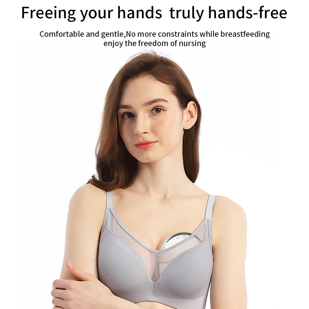 Woman wearing a gray nursing bra with text about freedom of nursing on a white background
