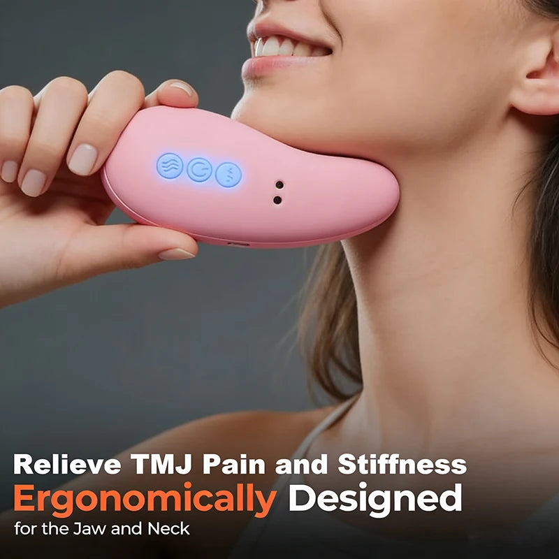 Woman using a pink device on her jaw with text about relieving TMJ pain.