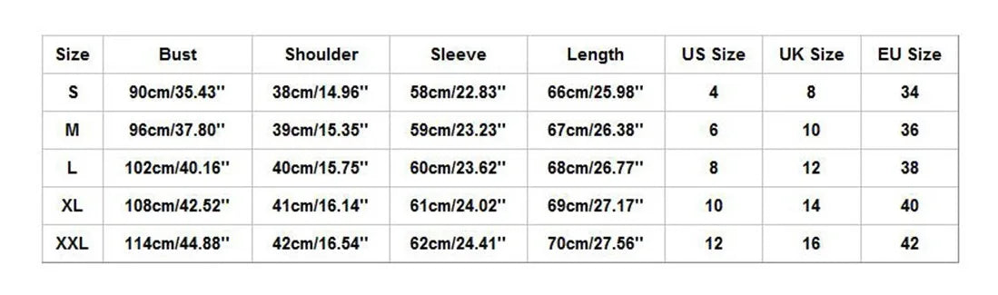 Measurement chart for clothing sizes with various dimensions and size conversions.