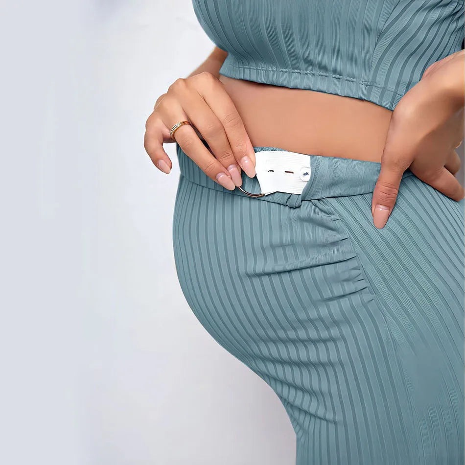 Women's Knitted Ribbed 2-Piece Set: Suspender Top & Pencil Skirt with Adjustable Belt