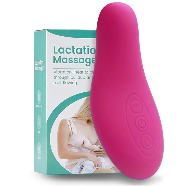 Pink lactation massage device with packaging on a white background