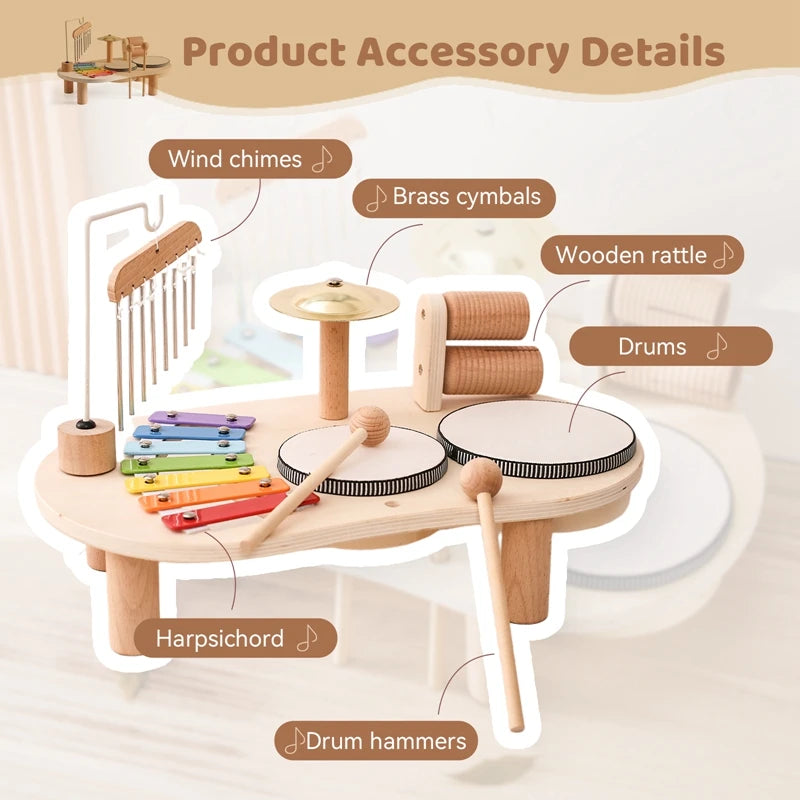 Set of wooden musical instruments with labeled accessories on a neutral background