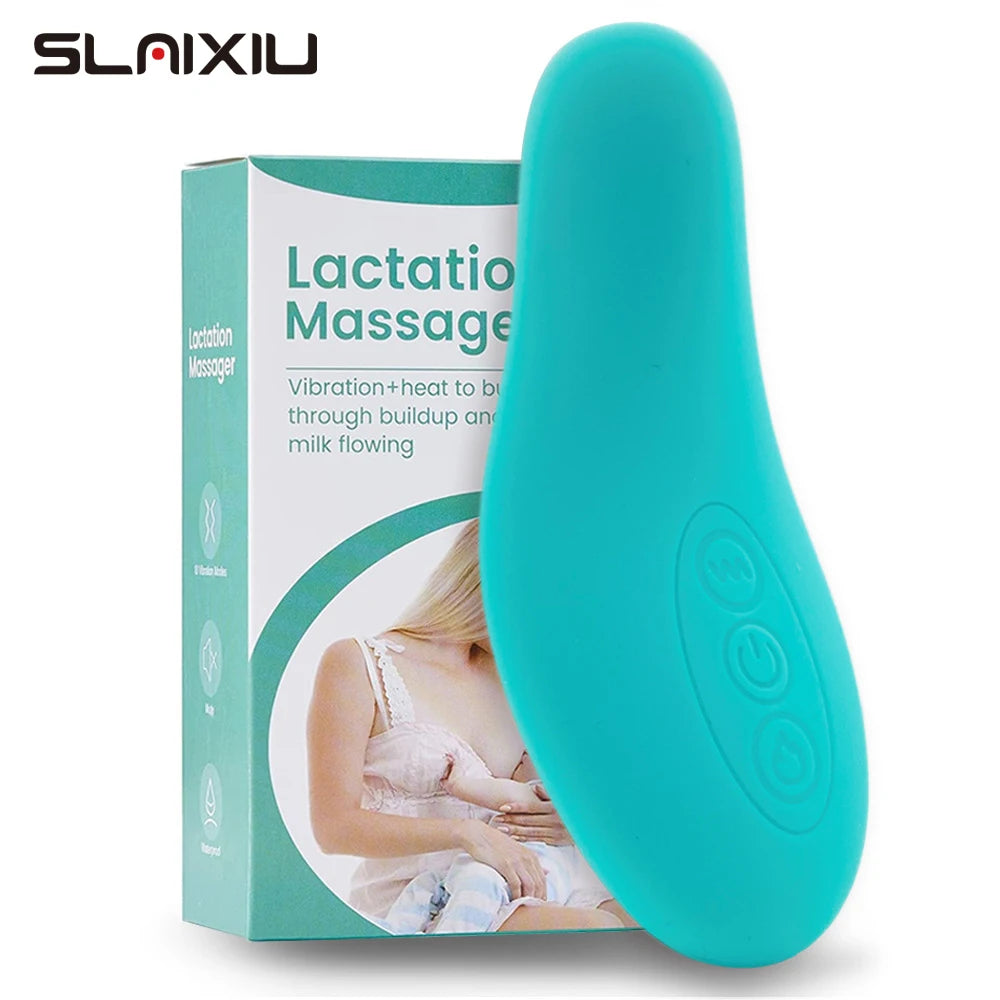 Turquoise lactation massage device with packaging on a white background