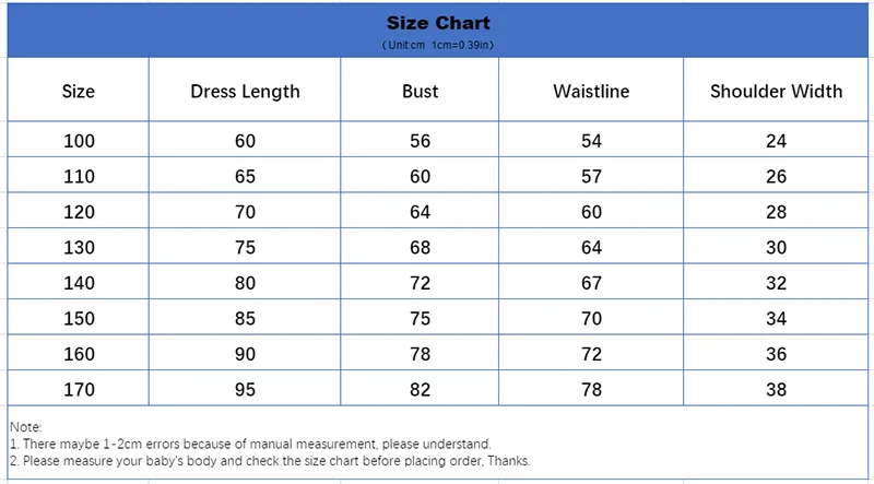 Size chart for a garment with measurements in centimeters