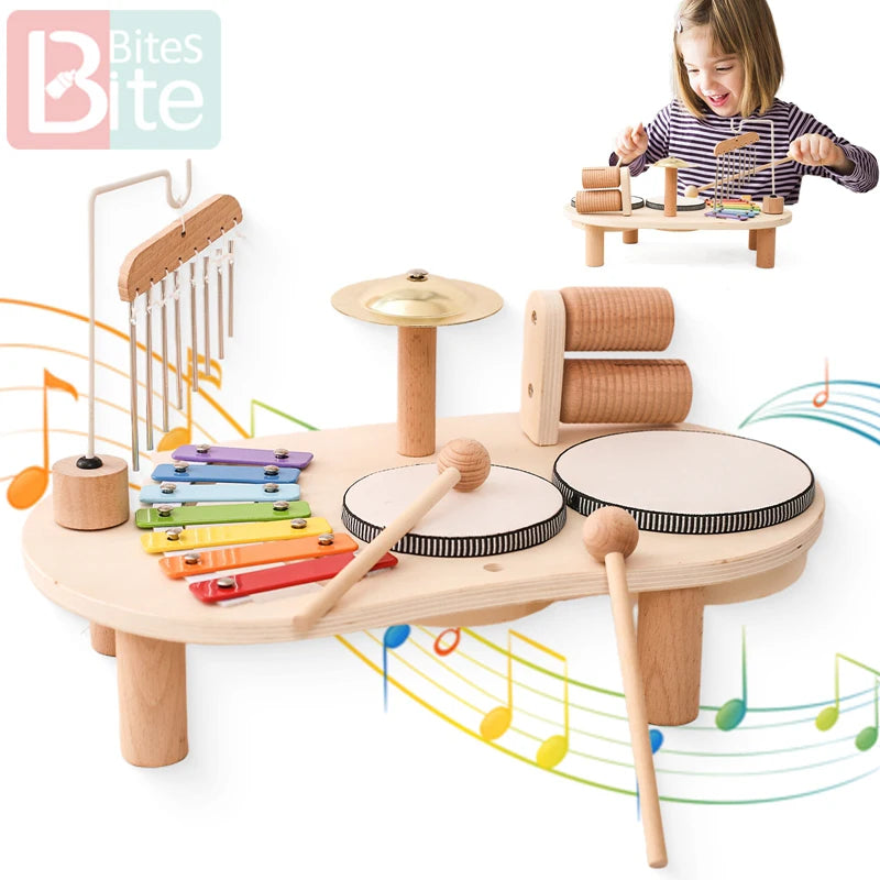 Children's wooden musical instrument set with a child playing, featuring the 'Bites' brand.