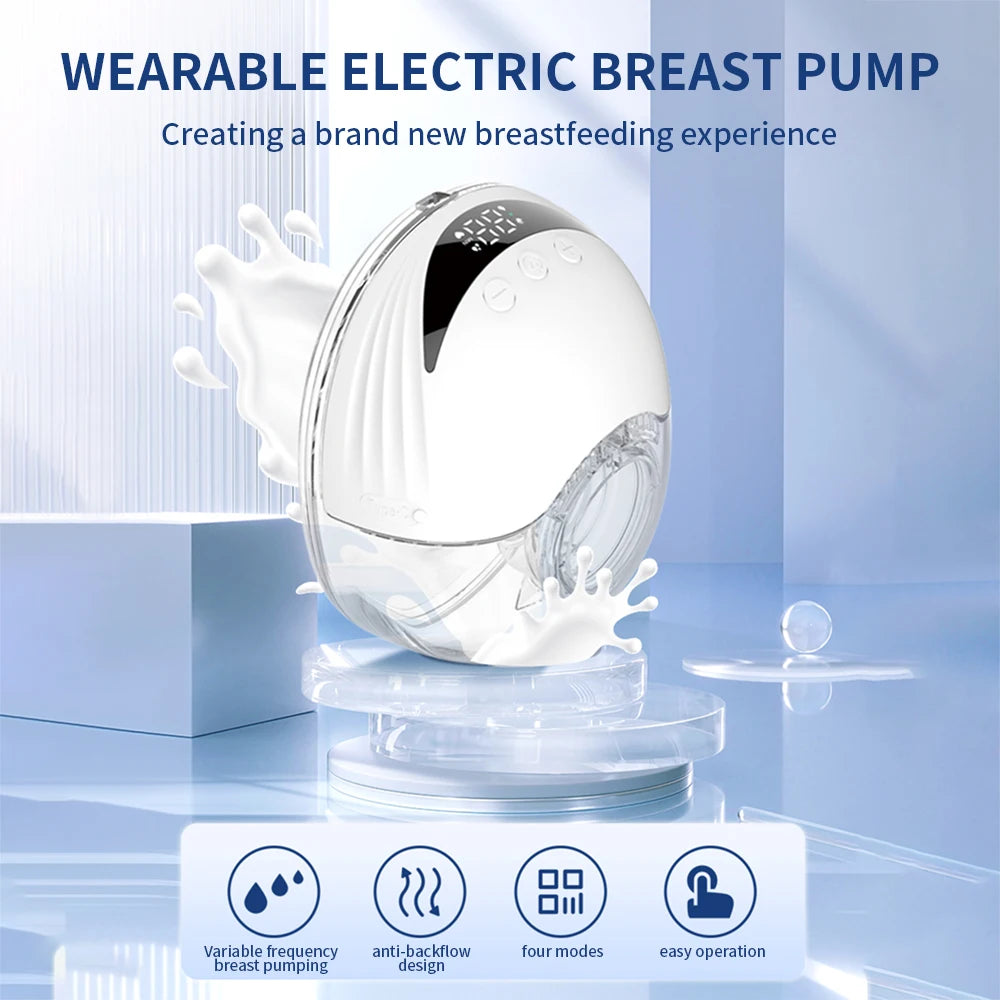 Wearable electric breast pump with features listed on a blue background
