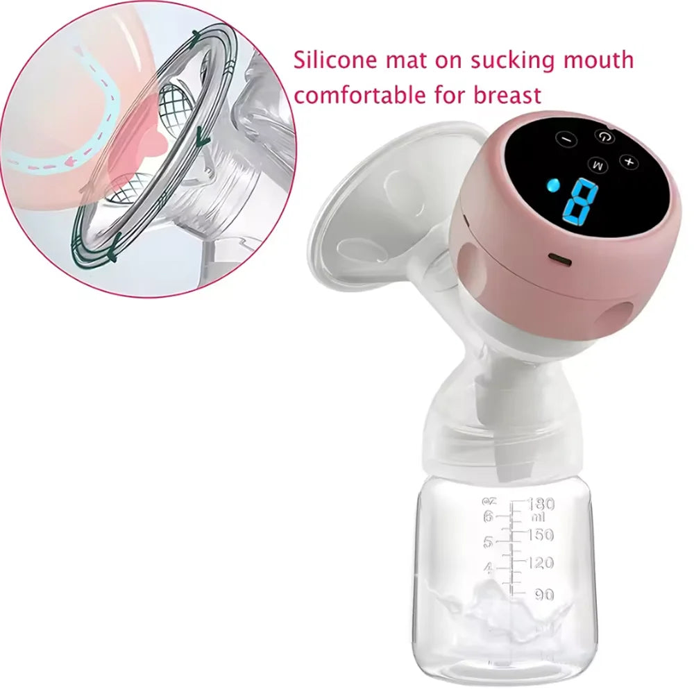 Pink breast pump with digital display on a white background
