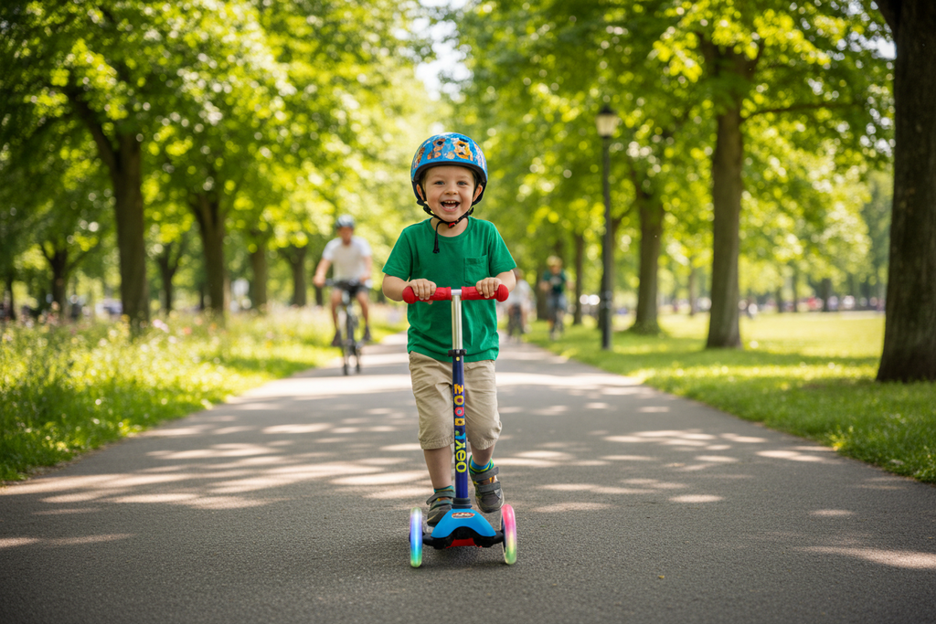 Child Riding Scooter in Park