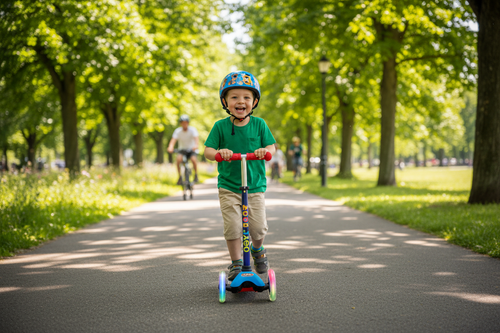 Child Riding Scooter in Park