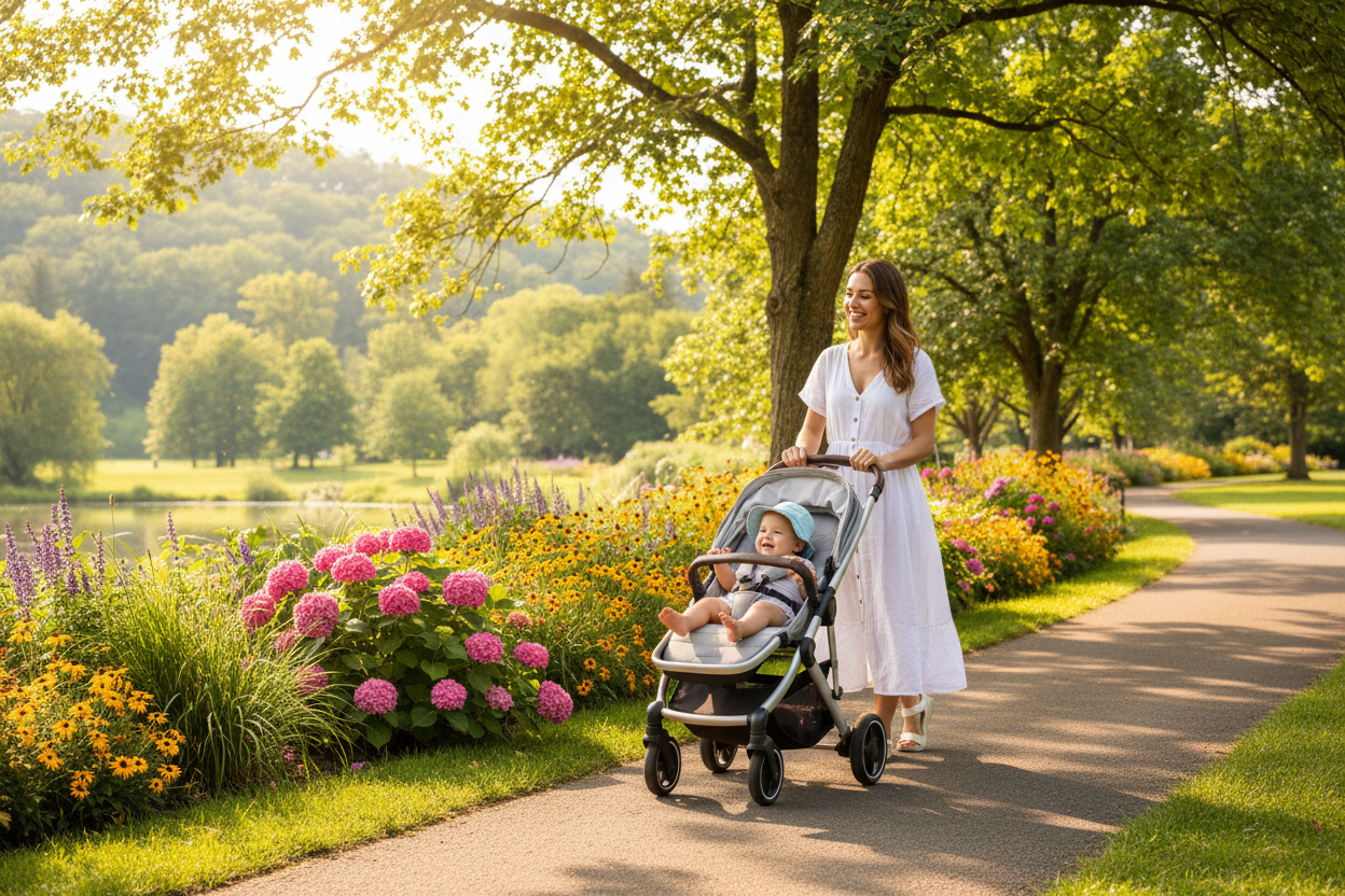 Mother and Baby with Stroller in Park