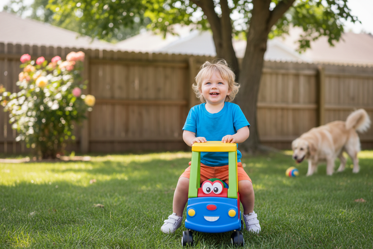 Toddler Playing with Ride-On Car